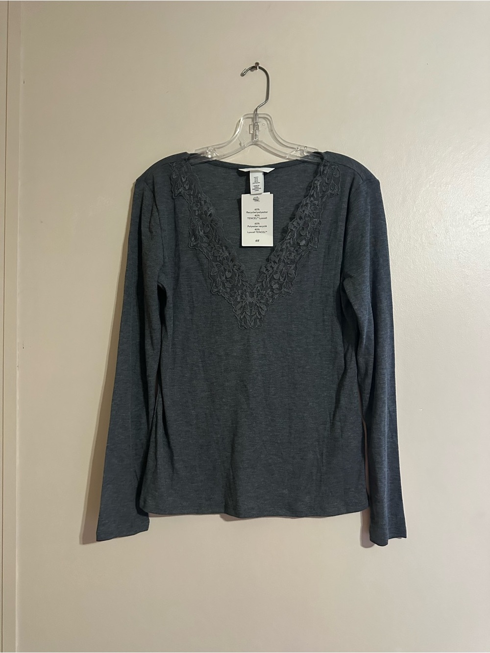 H&M Dark Gray Long Sleeve V-Neck Top with Lace Trim